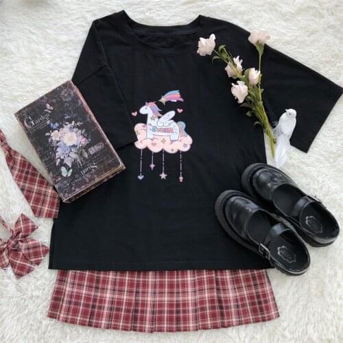 Mysterious Chapter Original Design Japanese Womens Uniform: Unicorn Short Sleeve T-shirt + Pleated Skirt & Necktie & Neckbow