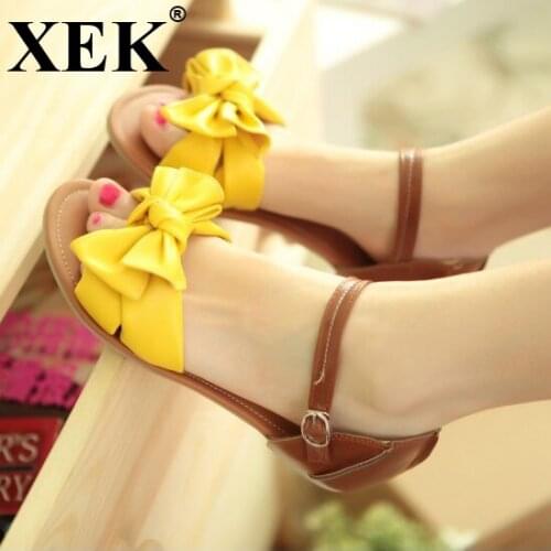 XEK women sandals 2018 Fashion New bohemia bowknot ankle wrap flat sandals brand fashion ladies footwear shoes size 34-39 WFQ49