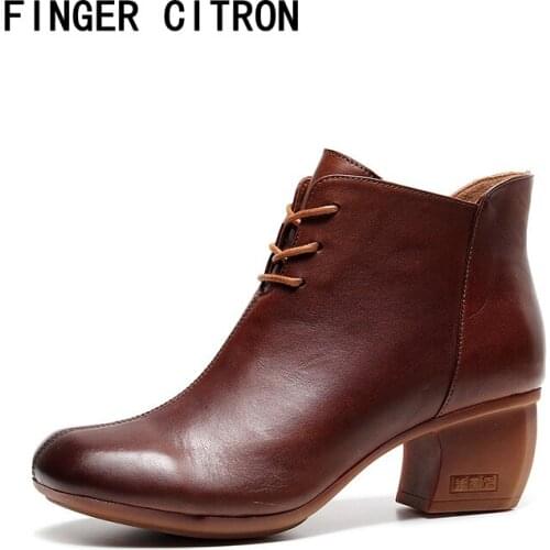 Finger Citron Women Chelsea Anckle Boot Genuine Cow Leather Square Toe Tpr Outsole Comfirtable By Handmade Lady Style Size 35-40