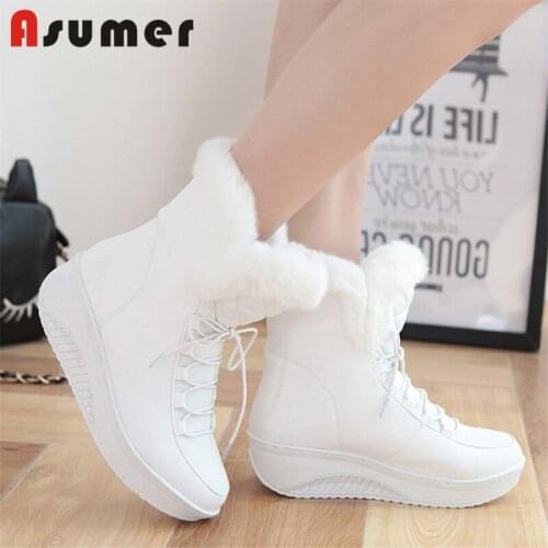 Asumer 2021 Big Size 44 Thick Fur Winter Shoes Women Snow Boots Round Toe Warm Waterproof Non-Slip Flat Shoes Women Ankle Boots