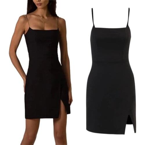 Women Summer Sleeveless Dress Adults Sexy Slim-fit Solid Color Boat Neck Spaghetti Strap Slit