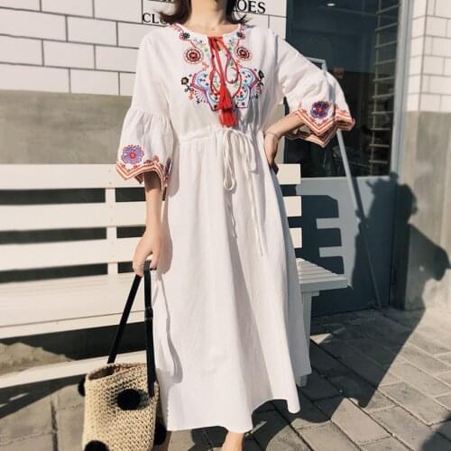 Boho Retro Embroidery Cotton Linen Shirt Dress Women Flare Sleeve Casual Vintage Dress Summer Beach Holiday Dresses Vestidos