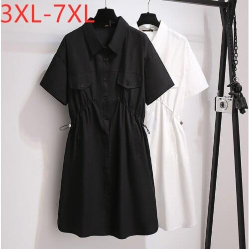 New 2021 Ladies Summer Plus Size Shirt Dress For Women Large Short Sleeve Loose Cotton Black Pocket Dress 3XL 4XL 5XL 6XL 7XL