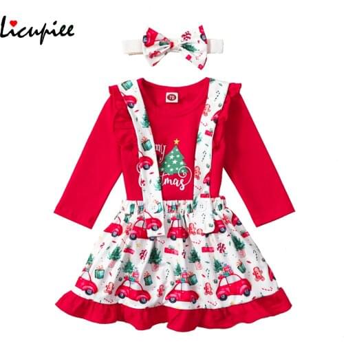 0-24 Months 3pcs Christmas Baby Girls Outfit O-collar Lace Long Sleeve Letter Romper + Car Printing Suspender Skirt + Headwear