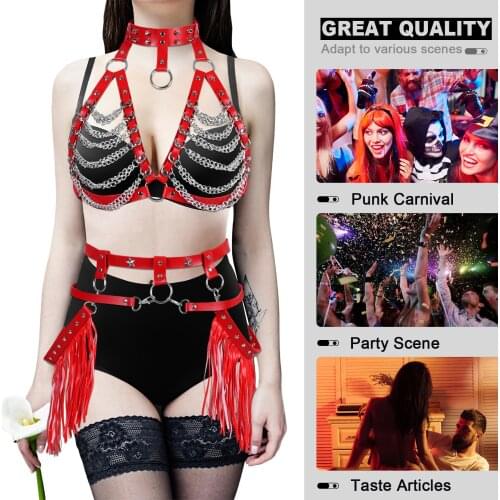 Bdsm Adult Game Body Bondage Chain Caged Bra Bodysuit With Punk Girls Tassel Garter Skirt Sexy 2pcs Underwear Set Festival Rave