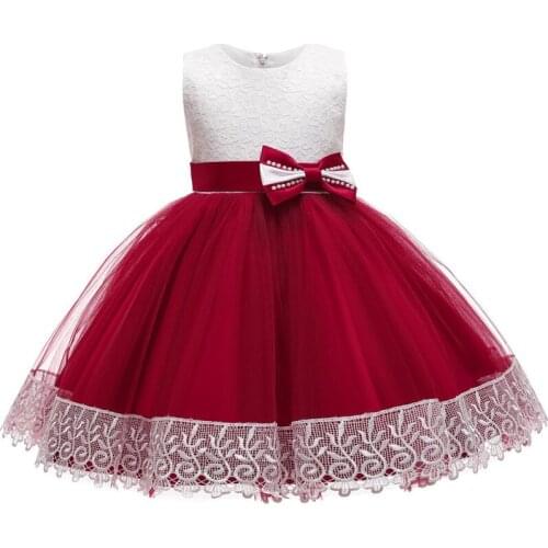 2021 Summer Vintage Red Flower Embroidery Lace Dress Kids Princess Dress Girls Wedding Party Formal Ball Gown Children Outfits