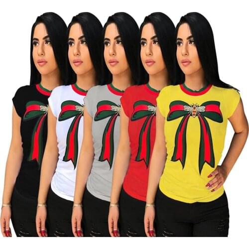 Summer T Shirt Women Bow Tie Print Casual T-Shirt Female Short Sleeve O-Neck Tops Tshirts
