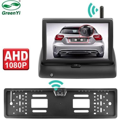 HD AHD 1920x1080P Wireless European Car License Plate Frame Reversing Backup Camera With 5 Inch IPS Vehicle Foldable AHD Monitor