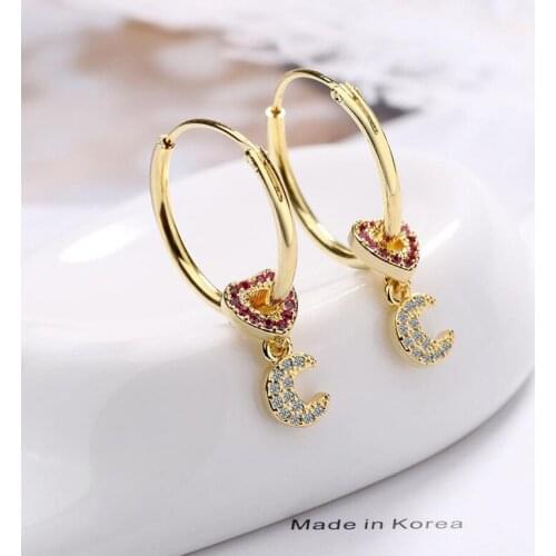 Fashion Romantic 925 Sterling Silver Earrings For Women Jewelry Zircon Gold Heart Moon Earring Girl Valentines Day Gifts KOFSAC