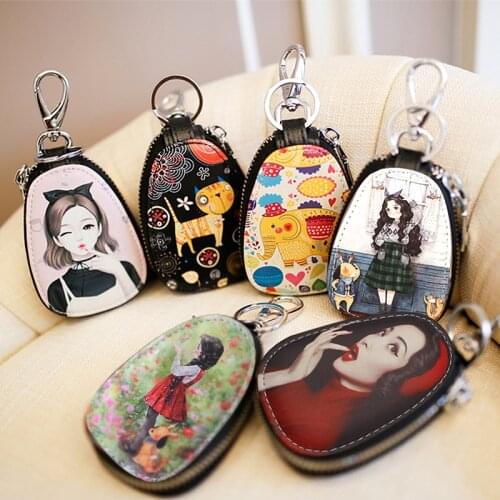 Fashion Cartoon Leather Key Bag Ladies Portable Key chain for Car Key Case Cover Girls Lovely Key Wallets Zipper Key ring Holder