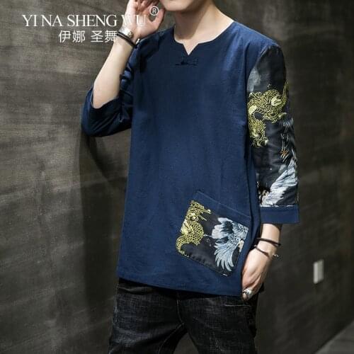 New Kimono Japanese Style Men Tops Shirt T-shirt Embroidery Japan Loose Harajuku Mens Wear Yukata Fashion Printed Asian Costume