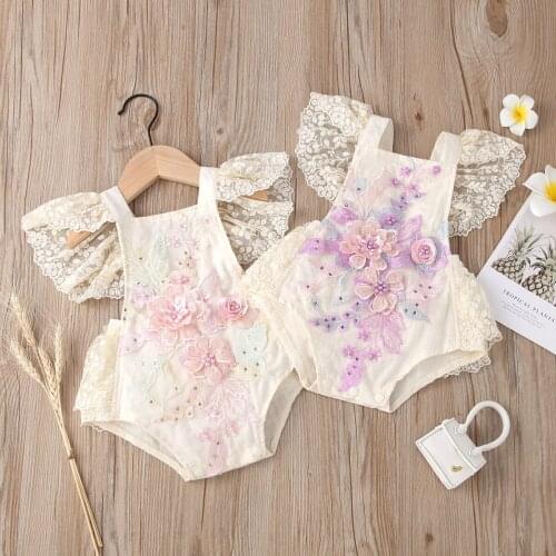 Clothes For Newborn 2021 Summer New Girls Short Climbing Lace Flying Sleeves Lace Embroidered Pearl Jumpsuit Baby Girls Romper
