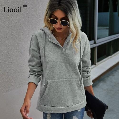 Liooil Casual Loose Hooded Sweatshirt Women 2020 Long Sleeve With Button Pockets Solid Women Autumn Winter Clothes Pullovers