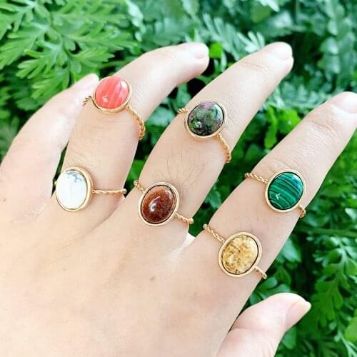 SAY HELLO 2021 NEW Oval Natural Stones Rings for Women Geometric Turquoises Pink Spar Wedding Open Finger Rings Jewelry K6643