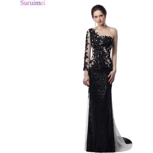 Sheer Illusion Long Mermaid Prom Dresses White And Black Sequines Applique Long Sleeves Celebrity Prom Dress Women Gown