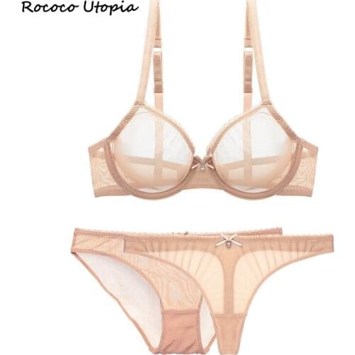 Rococo Utopia ultra-thin cup mesh lace underwear transparent unlined 1 bra+2 panties bra set for ladies