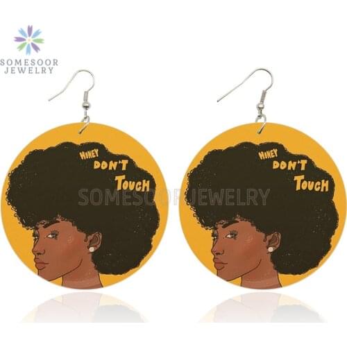 SOMESOOR Both Sides Print Black Afro Girl Don't Touch My Hair Wooden Drop Earrings African Wood Pendant Dangle For Women Gifts