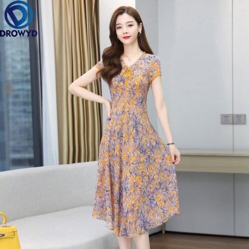 3XL Plus Size Chiffon Women Dress 2021 Summer Floral Print High Waist Short Sleeve V-neck A-line Dress Fashion Sexy Party Dress