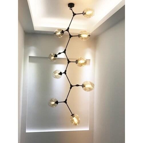 Modern Glass Lampshape molecular Chandelier Light Vertical Black Gold Body big size Stair Chandeliers 110v 220v