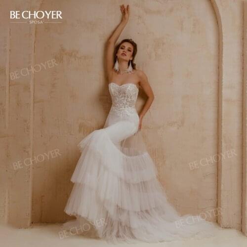 Wedding Dress 2 In 1 Sleeve 2021 Ruched Tulle Mermaid Court Train Bridal Gown Princess BECHOYER AI67 Plus Size Vestido De Noiva