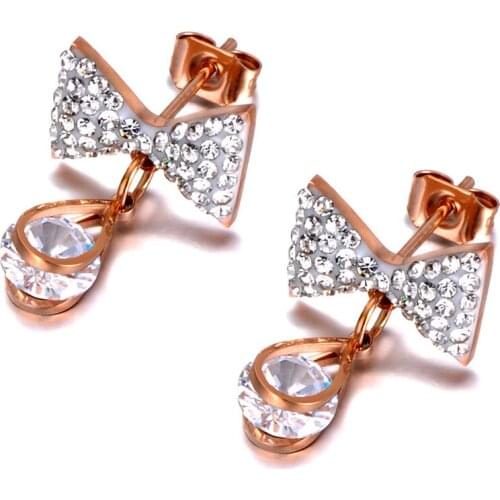 Sparkling Titanium Stainless Steel Rhinestone Bowknot Earrings Fashion CZ Crystal Earrings For Women Girls E20029