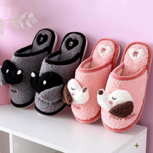 Female Cartoon Slippers Warm Plush Cute Dog Soft Sole Lovers Winter Indoor Shoes Woman Men Home Floor Slipper Anti-slip Footwear