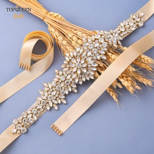 TOPQUEEN Luxury Gold Wedding Belt Rhinestone Belt for Prom Women Party Sashes Ivory Belt for Dress Formal Bridal Jewelry S319-G