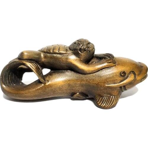 Y6992 - 2" Good Quality Hand Carved Boxwood Netsuke - Ka ppa and Fish