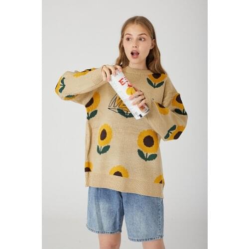 YUPINCIAGA 2020 Spring New Women Man Embroidery Knitted Sweaters Loose Warm Jumper Pullovers sunflower flower couple sweater