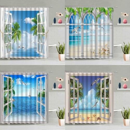 Ocean Beach Scenery Shower Curtain 3D Window Green Leaves Plant Flower Palm Tree Seagull Bathtub Deco Screen Washable With Hook