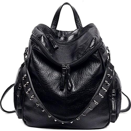 Women Backpack Purse 3 ways PU Washed Leather Rivet Studded Ladies Rucksack Shoulder Bag