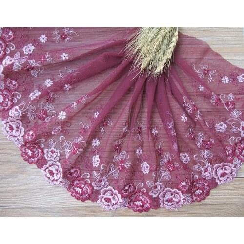 15Yds Rose Red Floral Mesh Mesh Flower Pattern Embroidery High Quality Lace Trim For Garments Wedding 25cm Wide