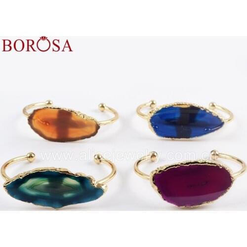 BOROSA 6pcs Free Shape Slice Agates Bangles Electroplated Color Natural Rainbow Stone Bracelet Jewelry WX1053