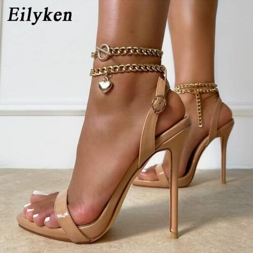 Eilyken New Fashion Pointed Toe Love Metal Chain Sandals Sexy Design Buckle Strap Summer Ladies Wedding Party High Heels Shoes