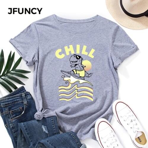 JFUNCY Plus Size Women Cotton T-shirt Female Short Sleeve T Shirt Dinosaur Print Graphic Tops Woman Shirts Summer Clothes