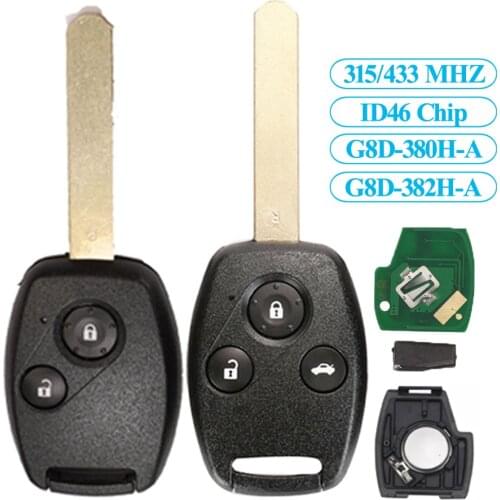 Jingyuqin 2/3B FSK G8D-382H 433MHZ ID46 Chip Remote Car Key Shell For Honda CR-V CRV Civic Insight Ridgeline Accord 2003-2009