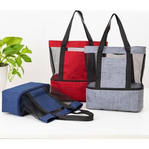 Cationic Cooler Bag One-Shoulder Double-Layer Picnic Bag Thermal Insulation Ice Handbag Portable Mesh Holder Travel Beach Pouch