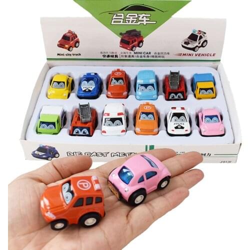 A box of 12PCS childrens Alloy Car Fire truck Hot Toys Mini Cute cartoon initial Pull back car kids pocket toy