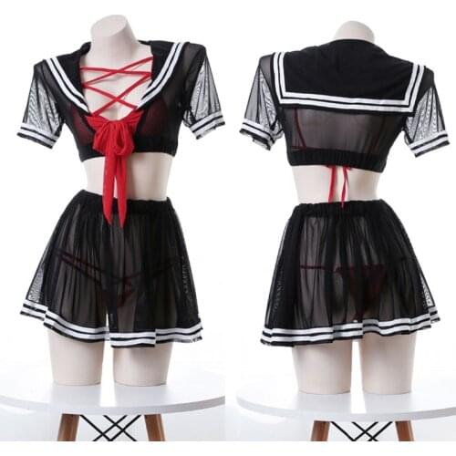 Anime Cosplay Costume Student Black Uniform School Girl Sailor Suit Sexy Women Bondage Bikini Underwear Lace Plaid Mini Skirt