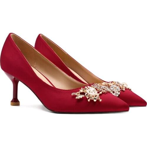 Red Women Bridal Wedding Shoes Faux Silk Satin Rhinestone 6CM/8CM Heel Crystal Shallow Woman Pumps Stiletto High Size 33-42