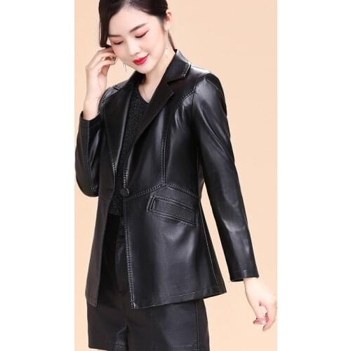 New Womens Elegant Single Button Pu Leather Jackets M-5XL Ladies Soft Faux Sheepskin Coat Female Clothing Chic Outerwear