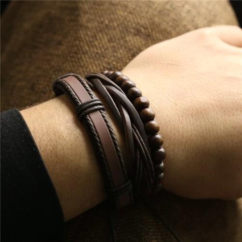 New Fashion Casual 3 Pcs/set Black Brown Genuine Women Leather Bracelets Men Bangles Wood Beads Male Homme Gift Jewelry Freely