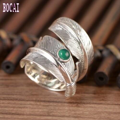 New s925 sterling silver retro men and women inlaid green Natural stone feather ring stylish silver ring couple ring