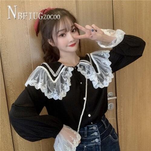 French Peter Pan Collar Autumn Korean New Women Blouse Retro Slim Student Female Blouses