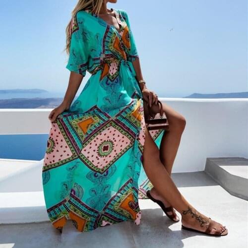 Women Dress Fashion Print V Neck Summer High Split Lace-Up Boho Dress Beachwear Evening Party Dress Long Dress Sexy Sundres