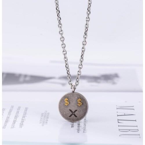 Punk Coin Pendent Stainless Steel Fashion Bronze English Letter Smile Face Chains Necklaces For Men Women Jewelry Gift