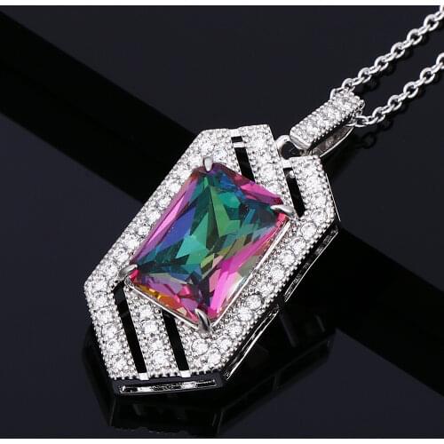 Silver Pendant Necklace Large Geometric Rectangle 10*14MM Color Tourmaline Blue Zircon Pendant Necklace Gemstone Charm Necklace