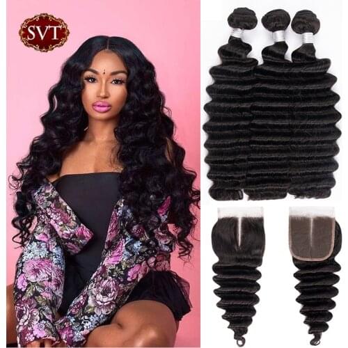SVT Hair Loose Deep Wave 3 Bundles With Closure 4x4 Brazilian Human Hair Bundles With Closure Middle/Free/Three Part Soft & FUll