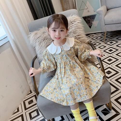 Girls Spring Long-sleeved Dress 2021 New Childrens Doll Collar Floral Princess Dress Baby Kids Cotton Clothes