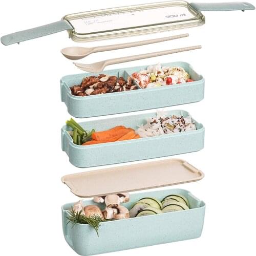 Japanese Bento Lunch Box Kids School Meal Prep Containers 3 Stackable Wheat Straw Lunchbox Microwave Leakproof BPA Free